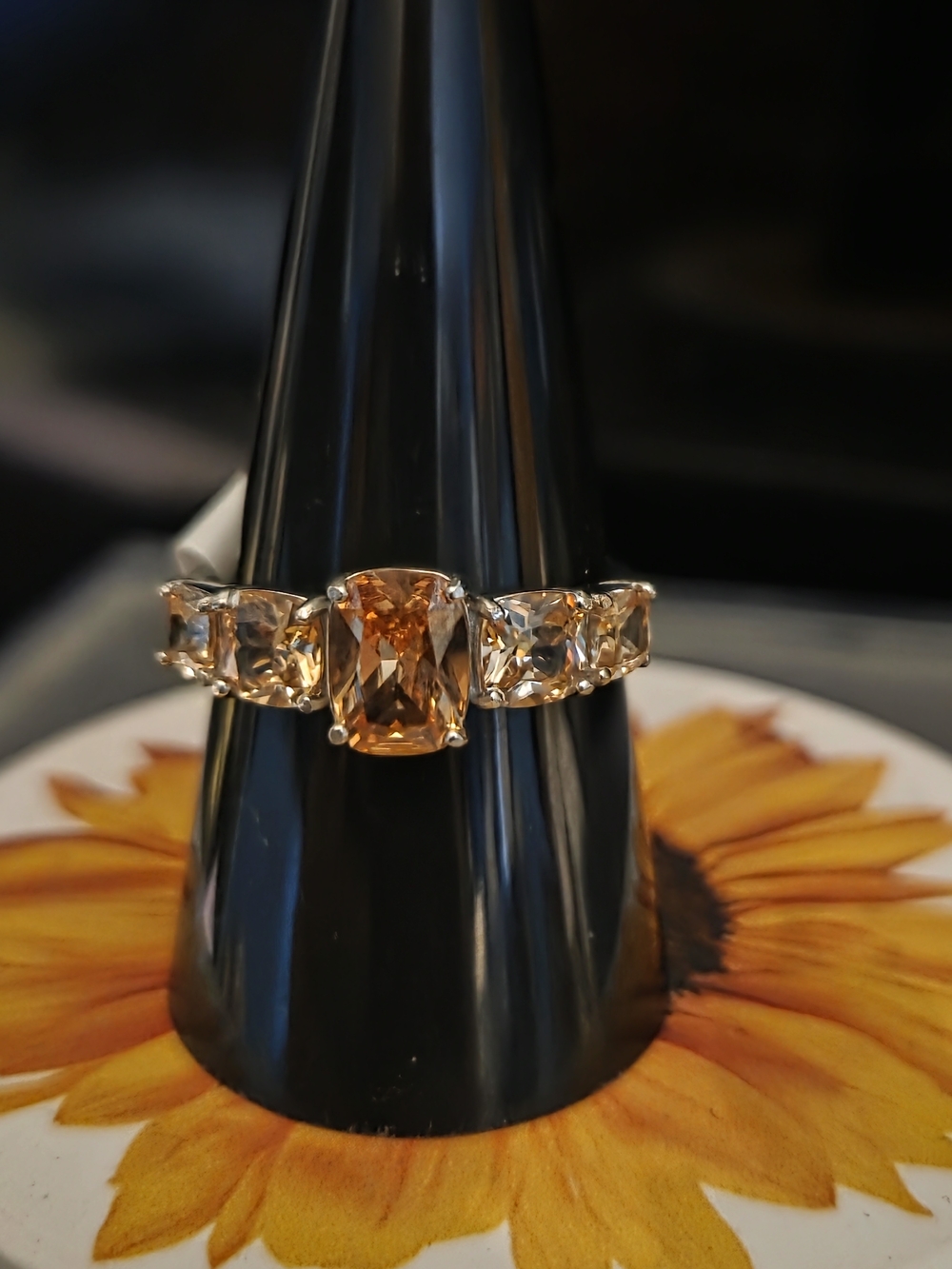 Cushion-Cut Orange Crystal Three-Stone Ring - Unbranded